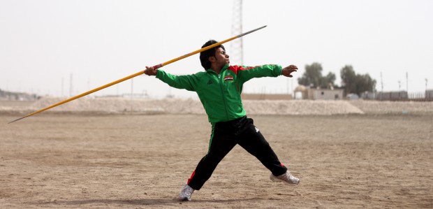 Ahmed Naas, who won a silver medal at the 2012 London Paralympics, hurls a javelin at his 'training ground'. (© Prashant Rao) Ahmed Naas, who won a silver medal at the 2012 London Paralympics, hurls a javelin at his 'training ground'. (© Prashant Rao)